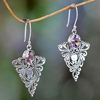 Amethyst dangle earrings, 'Java Peacock' - Unique Indonesian Amethyst and Sterling Silver Earrings