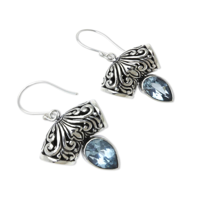 Blue topaz dangle earrings, 'Dewdrop Fern' - Balinese Artisan Crafted Blue Topaz Earrings