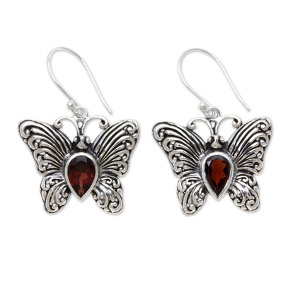Garnet dangle earrings, 'Enchanted Butterfly' - Handcrafted Sterling Silver and Garnet Butterfly Earrings
