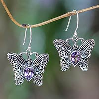 Amethyst dangle earrings, 'Enchanted Butterfly' - Handcrafted Indonesian Silver and Amethyst Earrings