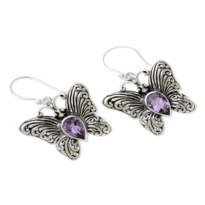 Amethyst dangle earrings, 'Enchanted Butterfly' - Handcrafted Indonesian Silver and Amethyst Earrings