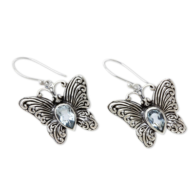 Blue topaz dangle earrings, 'Enchanted Butterfly' - Handcrafted Indonesian Silver and Blue Topaz Earrings