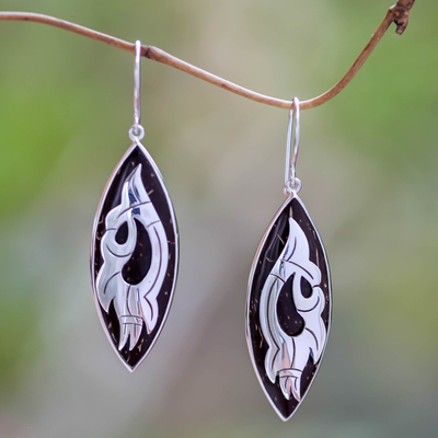 Coconut shell and sterling silver dangle earrings, 'Wild Eagle' - Artisan Crafted Silver and Coconut Shell Earrings