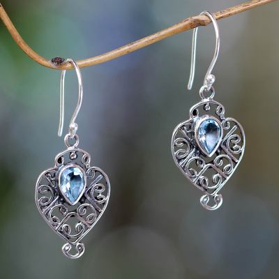 Blue topaz dangle earrings, 'Hibiscus Dew' - Earrings Handcrafted in Sterling Silver and Blue Topaz