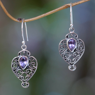 Amethyst dangle earrings, 'Hibiscus Dew' - Earrings Handcrafted in Sterling Silver and Amethyst