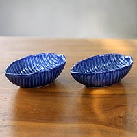 Ceramic bowls, 'Blue Banana Leaf' (pair)