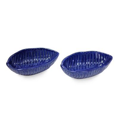 Ceramic bowls, 'Blue Banana Leaf' (pair) - Handcrafted Blue Ceramic Bowls from Bali (pair)