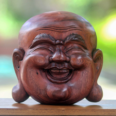 Wood mask, 'Laughing Buddha' - Hand Carved Signed Wood Buddha Mask from Bali