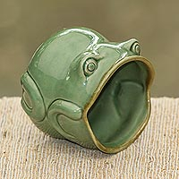 Ceramic salt cellar, 'Opera Frog' - Handcrafted Frog Shaped Glazed Ceramic Salt Cellar