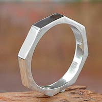 Sterling silver bangle bracelet, 'Octagon' - Unique Handcrafted Octagon Silver Bangle