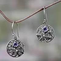 Amethyst dangle earrings, 'Wild Dragonfly' - Fair Trade Amethyst and Silver Earrings