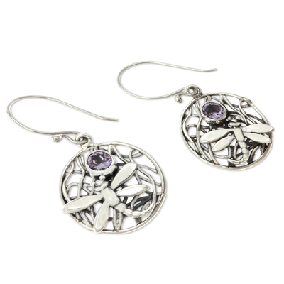 Amethyst dangle earrings, 'Wild Dragonfly' - Fair Trade Amethyst and Silver Earrings