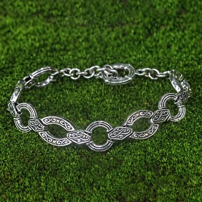 Gold accent link bracelet, 'Dewata Temple' - Balinese Silver Link Bracelet with 18k Gold Accents