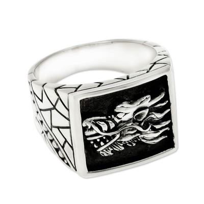 Men's sterling silver signet ring, 'Dragon Spirit' - Men's Silver Dragon Ring