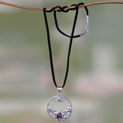 Blue topaz and amethyst pendant necklace, 'Floral Moon' - Floral Amethyst and Blue Topaz Necklace