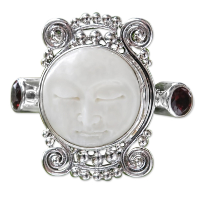 Garnet cocktail ring, 'Moon Dream' - Garnet and Carved Bone Silver Ring
