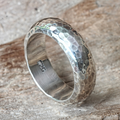 Sterling silver band ring, 'Moon Walker' - Bali Hammered Silver Band Ring