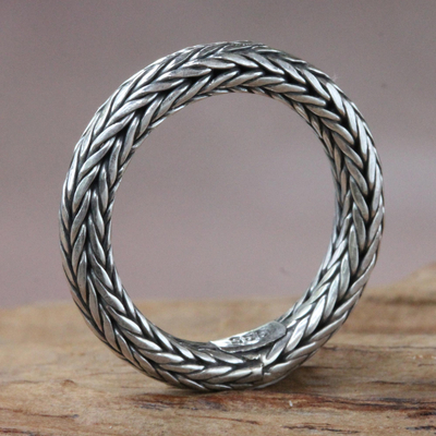 Sterling silver band ring, 'Dragon Lady' - Braided Silver Band Ring