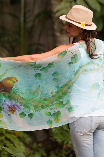 Silk shawl, 'Tropical Birds' - Hand Painted Bird Theme Signed Silk Chiffon Shawl