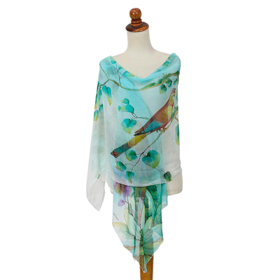 Silk shawl, 'Tropical Birds' - Hand Painted Bird Theme Signed Silk Chiffon Shawl