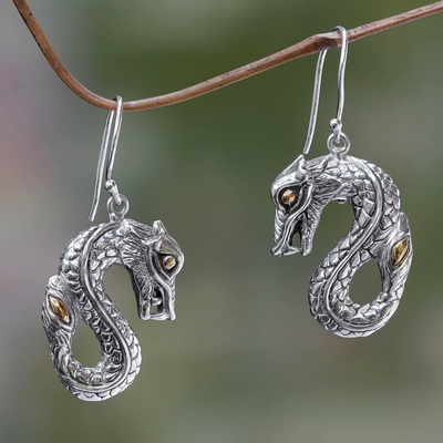 Gold accent dangle earrings, 'Fiery Dragon' - Hand Crafted Gold Accent Balinese Dragon Earrings