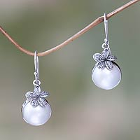Cultured pearl dangle earrings, 'Plumeria Moon'