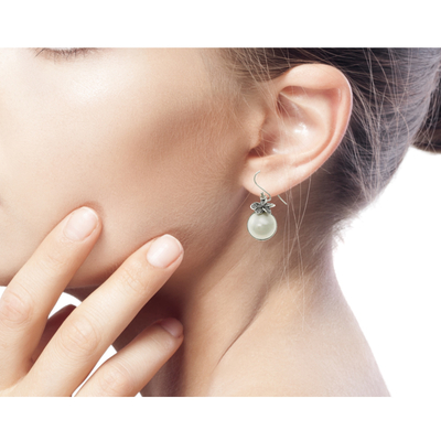 Cultured pearl dangle earrings, 'Plumeria Moon' - Fair Trade White Pearl Dangle Earrings