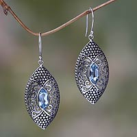 Blue topaz dangle earrings, 'Elegant Origin' - Handcrafted Sterling Silver and Blue Topaz Dangle Earrings