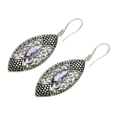 Amethyst dangle earrings, 'Elegant Origin' - Amethyst in Handcrafted Sterling Silver Earrings