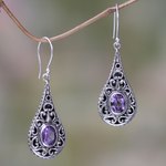 Amethyst dangle earrings, 'Balinese Dew' - Artisan Crafted Earrings with Sterling Silver and Amethyst