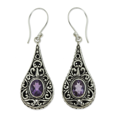 Amethyst dangle earrings, 'Balinese Dew' - Artisan Crafted Earrings with Sterling Silver and Amethyst