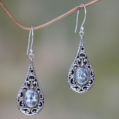 Blue topaz dangle earrings, 'Balinese Dew' - Artisan Crafted Earrings with Sterling Silver and Blue Topaz