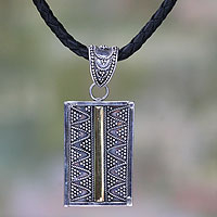Gold accent and leather pendant necklace, 'Temple Gate'