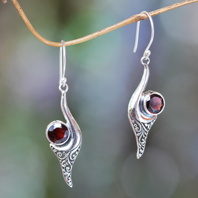 Garnet dangle earrings, 'Treasure' - Bali Fair Trade Jewelry Sterling Silver and Garnet Earrings