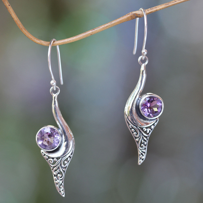 Amethyst dangle earrings, 'Treasure' - Fair Trade Jewelry Sterling Silver and Amethyst Earrings