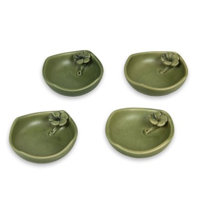 Ceramic condiment bowls 'Plumeria' (set of 4) - 4 Green Stoneware Condiment Dishes