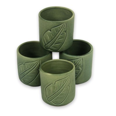 Ceramic cups, 'Bay Leaf' (set of 4) - Green Tea Cups with Leaf Motifs (Set of 4)