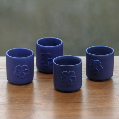 Tazas de cerámica, (juego de 4) - Tazas de té azul con motivos de hojas (juego de 4)
