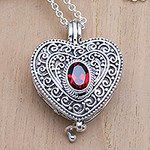 Garnet and Sterling Silver Heart Shaped Locket Necklace, 'Always in my Heart'
