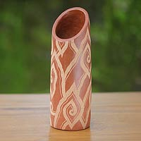 Decorative ceramic vase, 'Cloud Bamboo' - Cloud Motif Brown Ceramic Vase