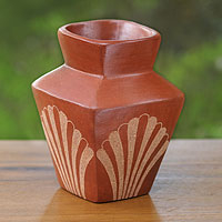 Ceramic vase, 'Brown Fan Dance' - Square Brown Terracotta Vase