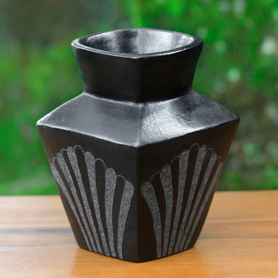 Ceramic vase, 'Black Fan Dance' - Square Black Terracotta Vase