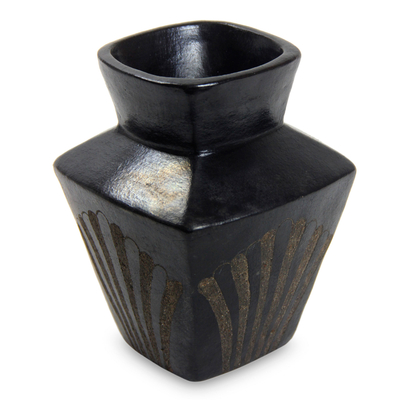 Ceramic vase, 'Black Fan Dance' - Square Black Terracotta Vase
