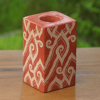 Ceramic tealight holder, 'Brown Cloud Bamboo' - Handcrafted Javanese Terracotta Candleholder