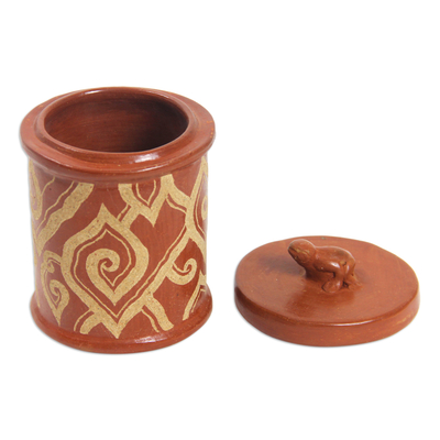 Jarra de cerámica - Tarro y tapa de terracota marrón indonesio hechos a mano.