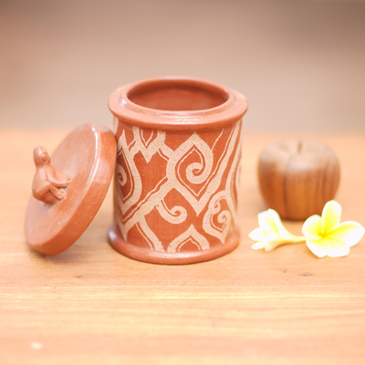 Ceramic jar, 'Cloud Bamboo Frog' - Hand Crafted Indonesian Brown Terracotta Jar and Lid