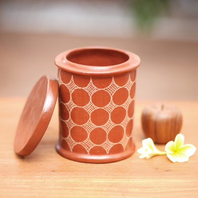 Ceramic jar, 'Sun Echo' - Hand Made Brown Terracotta Jar and Lid