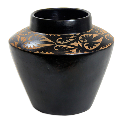 Decorative ceramic vase, 'Midnight Forest' - Leaf Motif Javanese Black Terracotta Ceramic Vase