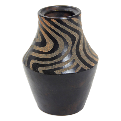 Decorative ceramic vase, 'Black Tiger Grace' - Javanese Black Terracotta Handmade Ceramic Vase