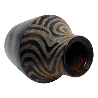 Decorative ceramic vase, 'Black Tiger Grace' - Javanese Black Terracotta Handmade Ceramic Vase